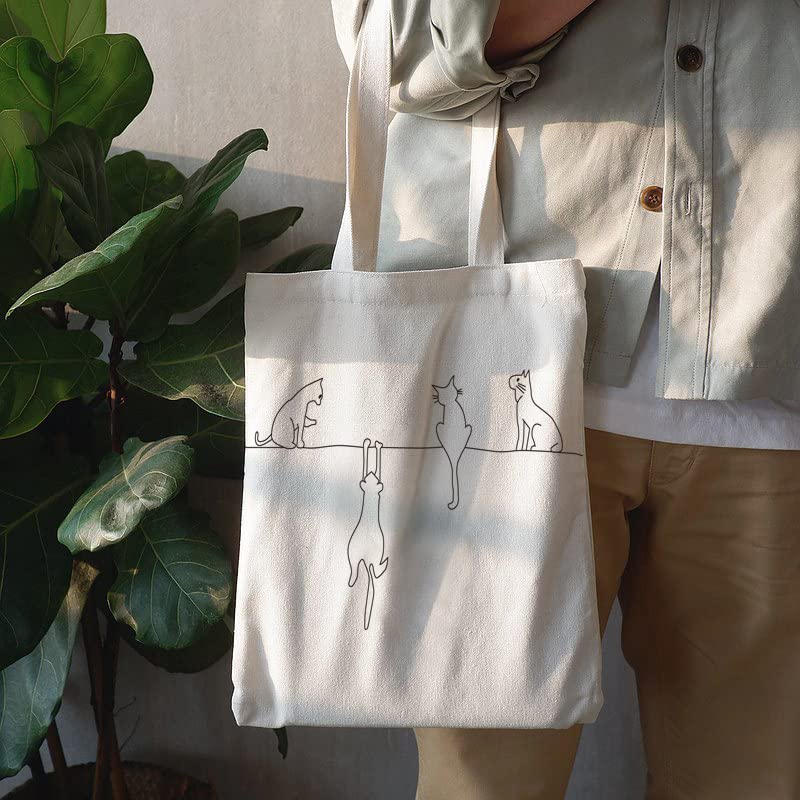 Andes Heavy Duty Flat-Bottom Canvas Tote Bag with Side Pockets - Handmade from12oz 100% Cotton, Reusable & Durable, Four Cats at Home - Image 2